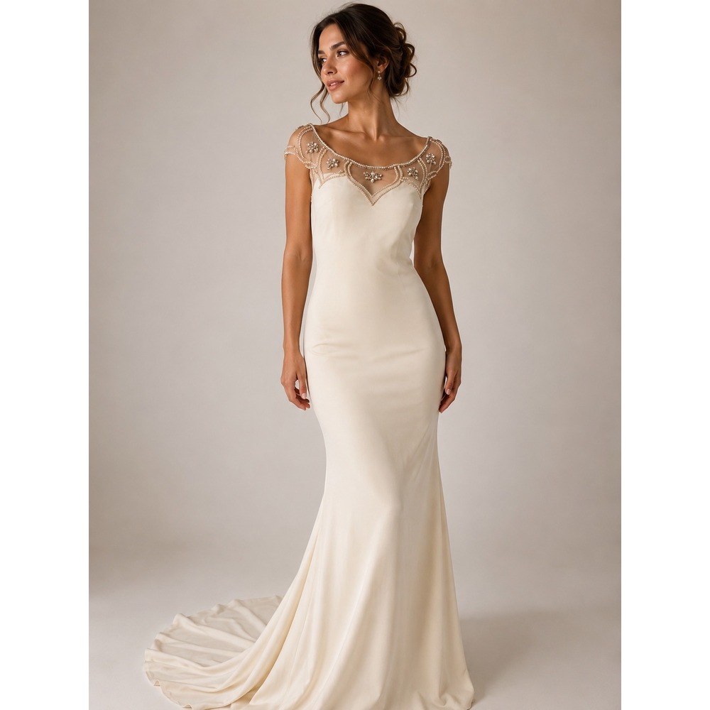 Tarik Ediz Candy 50057 Ivory Pearl Embellished Illusion Mermaid Gown Dress US 8